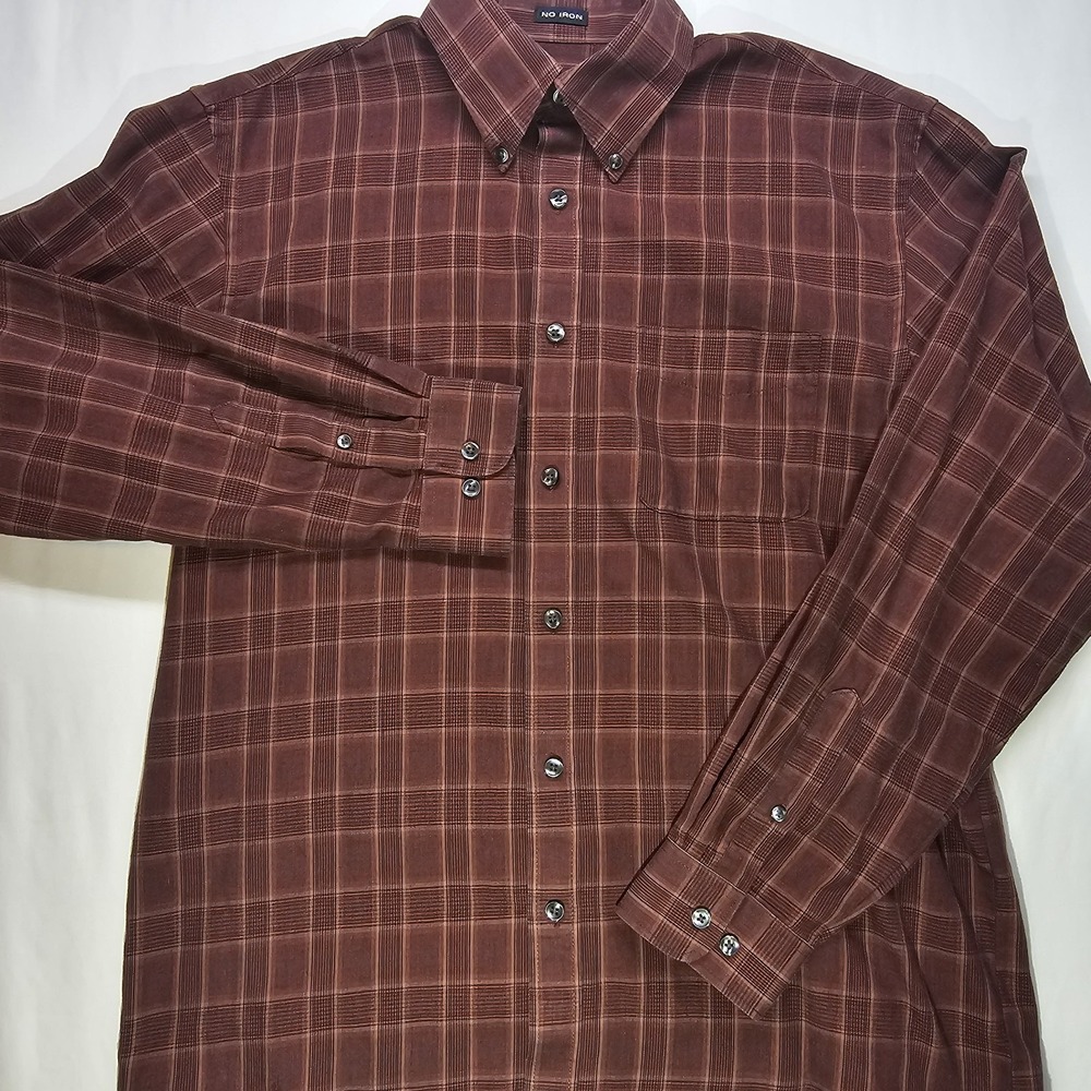 Van Heusen Men's Medium No Iron Dress Shirt Brown Plaid Long Sleeve Classic Fit